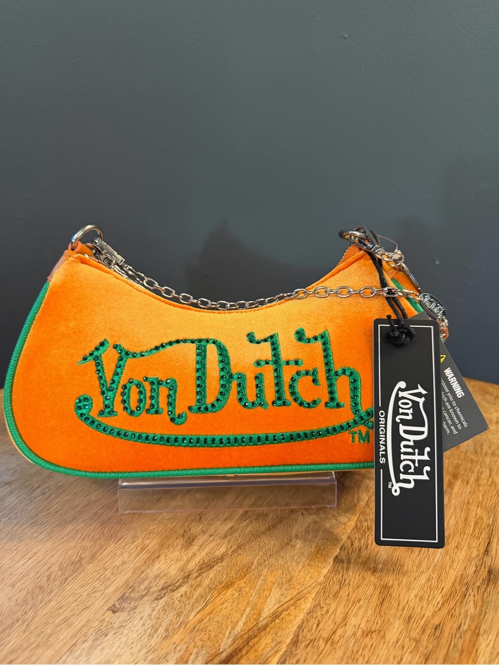 Von Dutch Orange Shoulder Bag with Green Trim and Embellishments - Picture 3 of 9